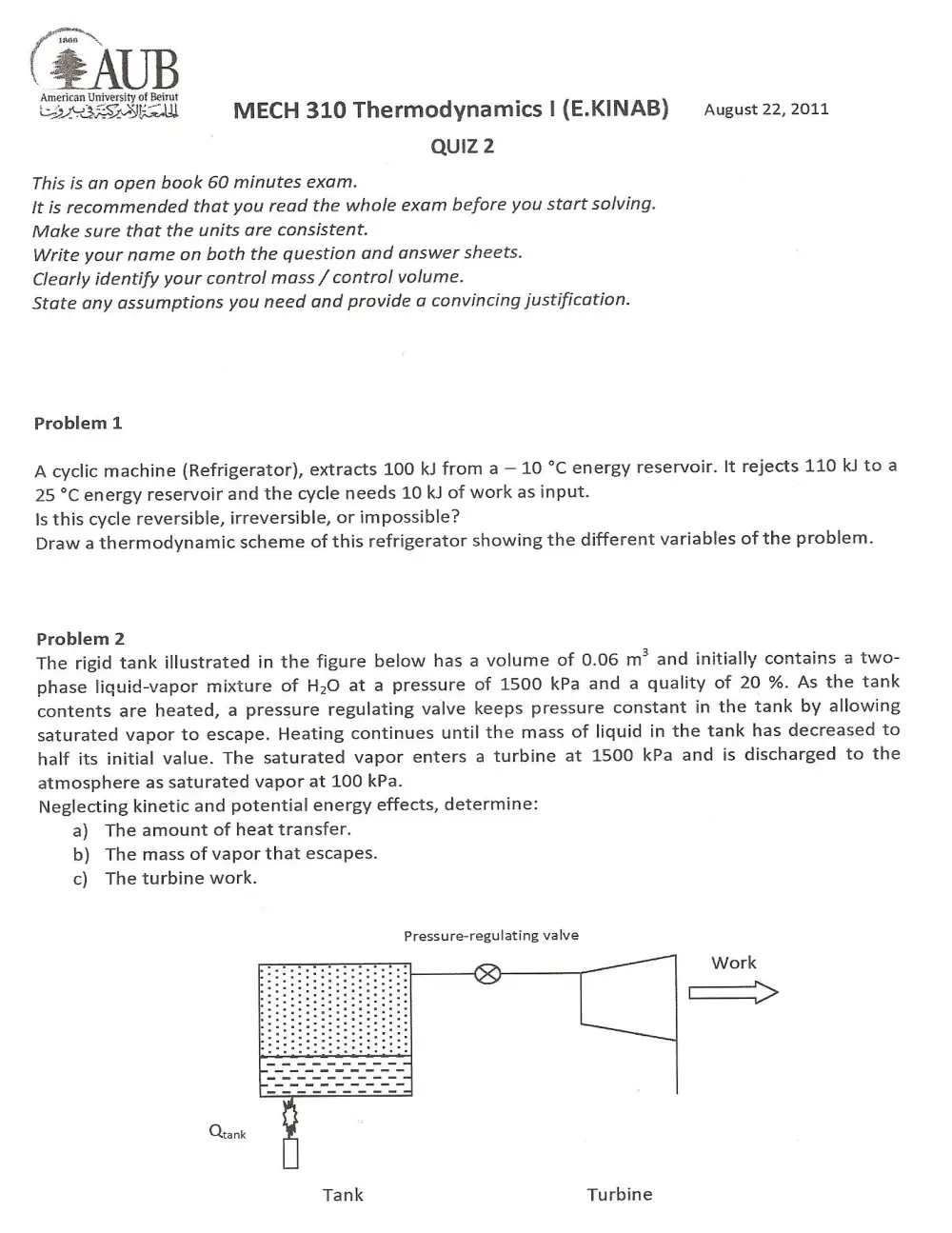 MECH 310 Exam 2, Summer 2011, page 1