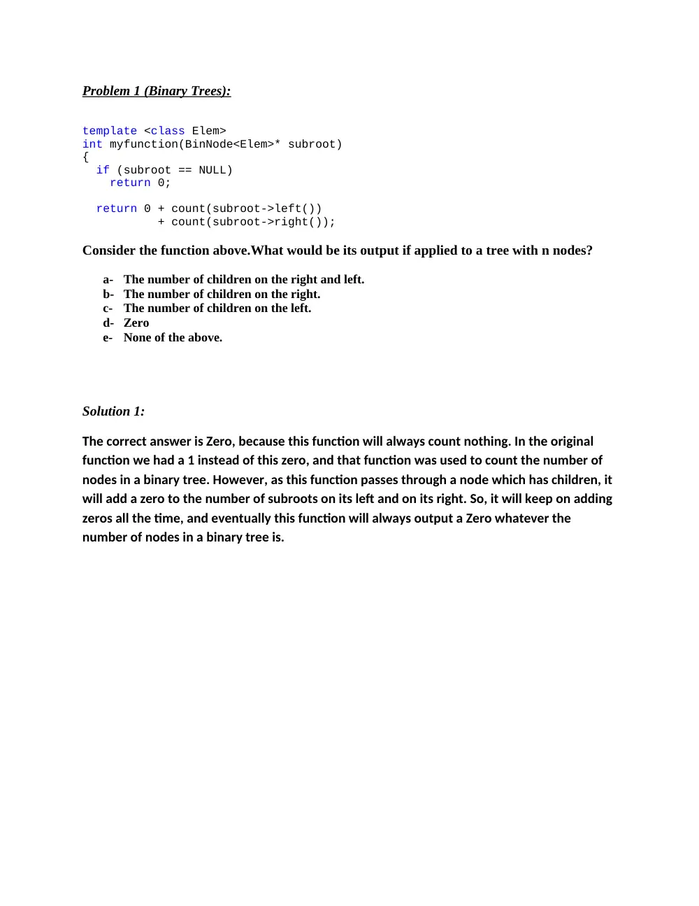 EECE 330 Problems Binary Trees, Summer 2014, page 1