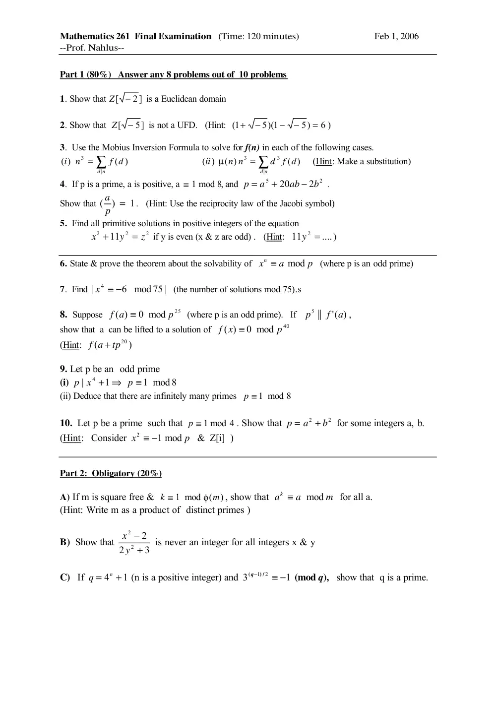 MATH 261 Final, Fall 2005, page 1
