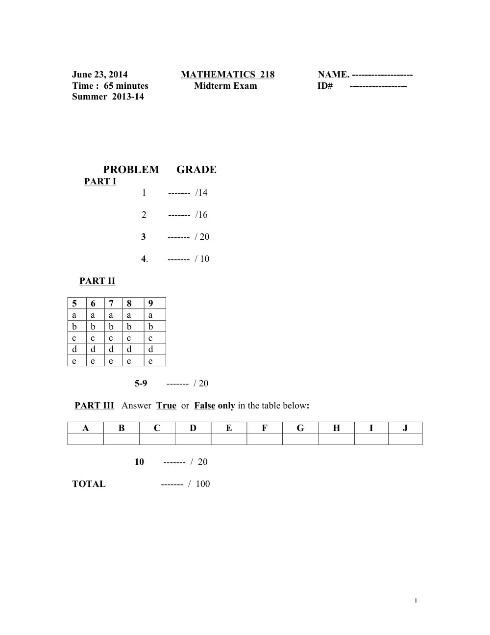 MATH 218 Midterm, Summer 2014, page 1