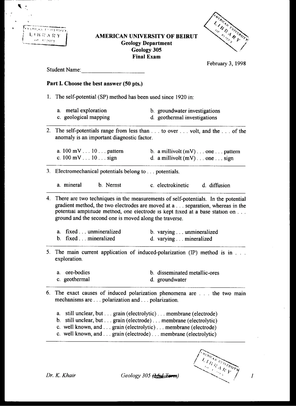 GEOL 305 Final, Fall 1997, page 1