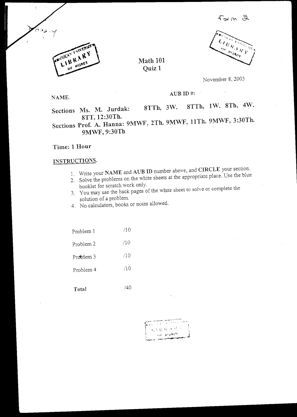 MATH 101 Exam 2, Fall 2003, page 1