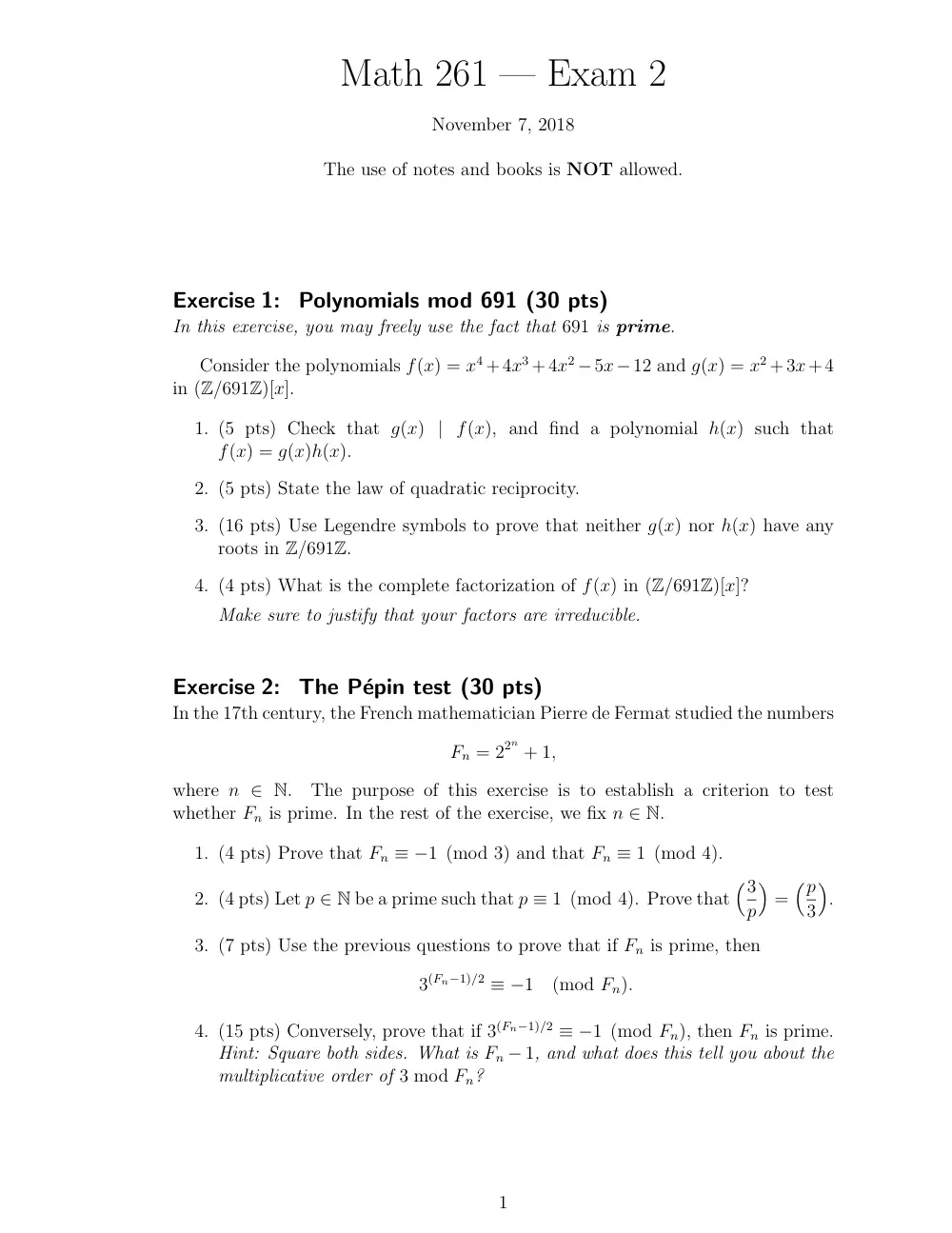 MATH 261 Exam 2, Fall 2018, page 1