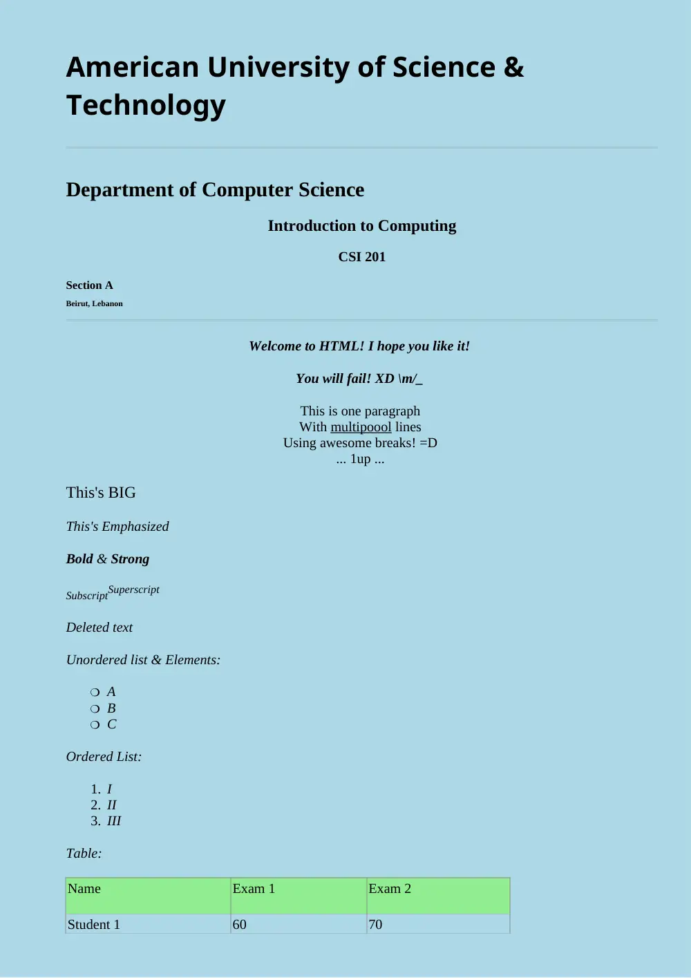 CSI 201 Code, Spring 2011, page 1