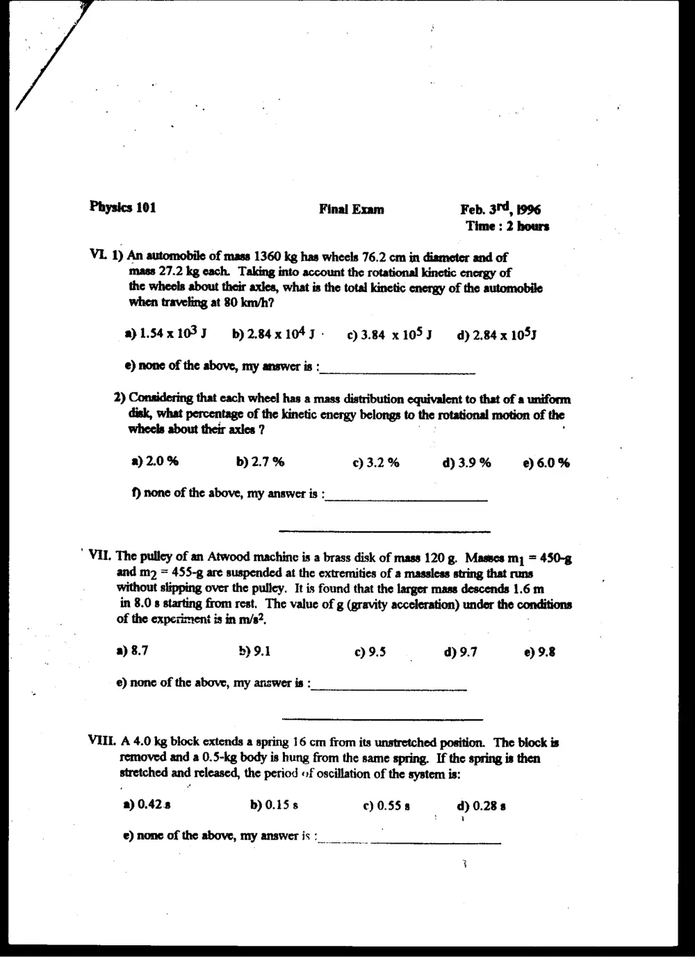 PHYS 101 Final, Fall 1995, page 3