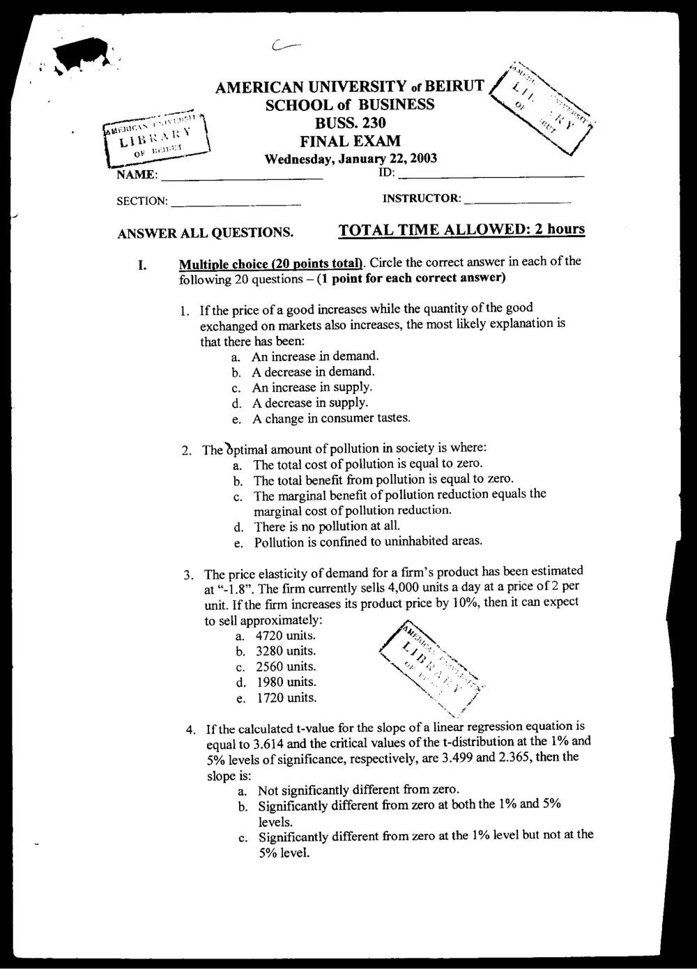 BUSS 230 Final, Fall 2003, page 1