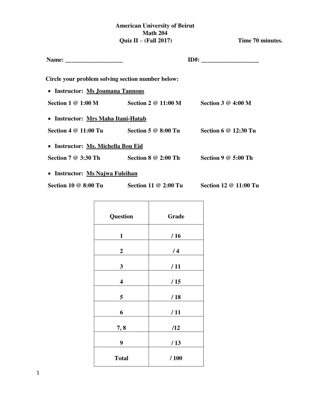 MATH 204 Exam 2, Fall 2017, page 1