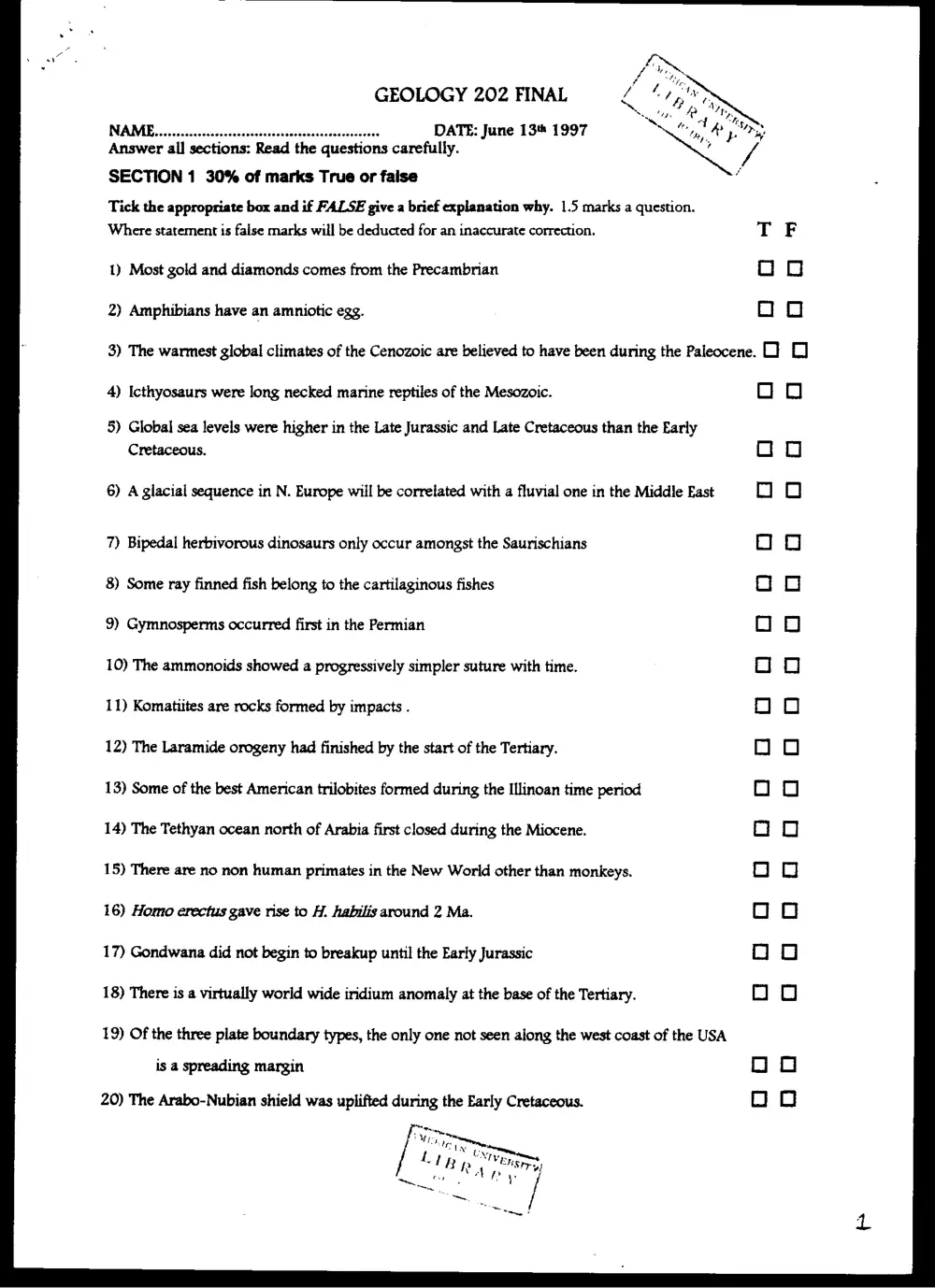 GEOL 202 Final, Spring 1997, page 1