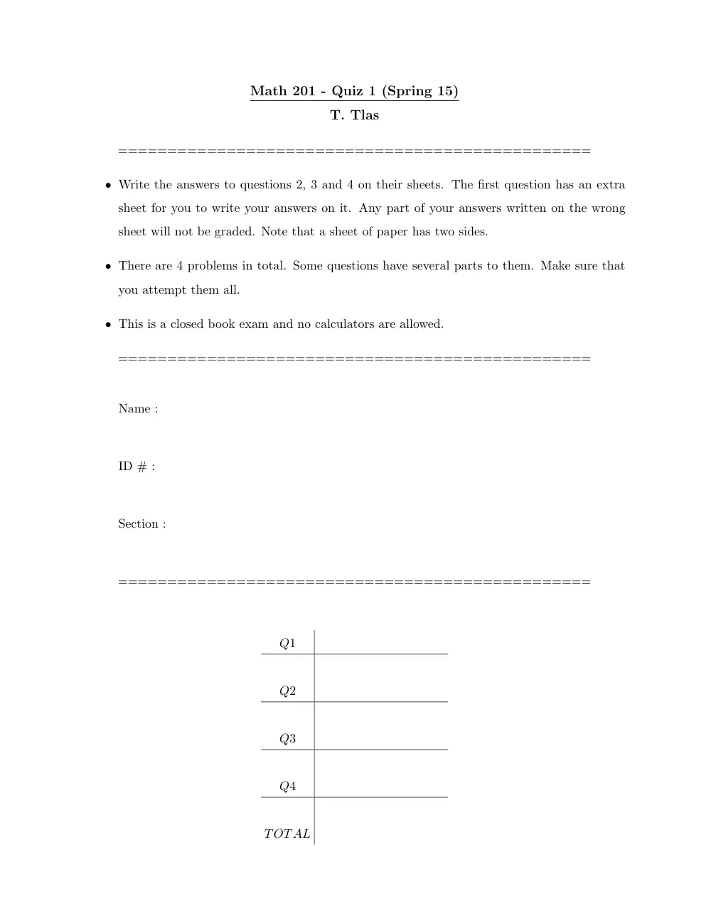 MATH 201 Exam 1, Spring 2015, page 1