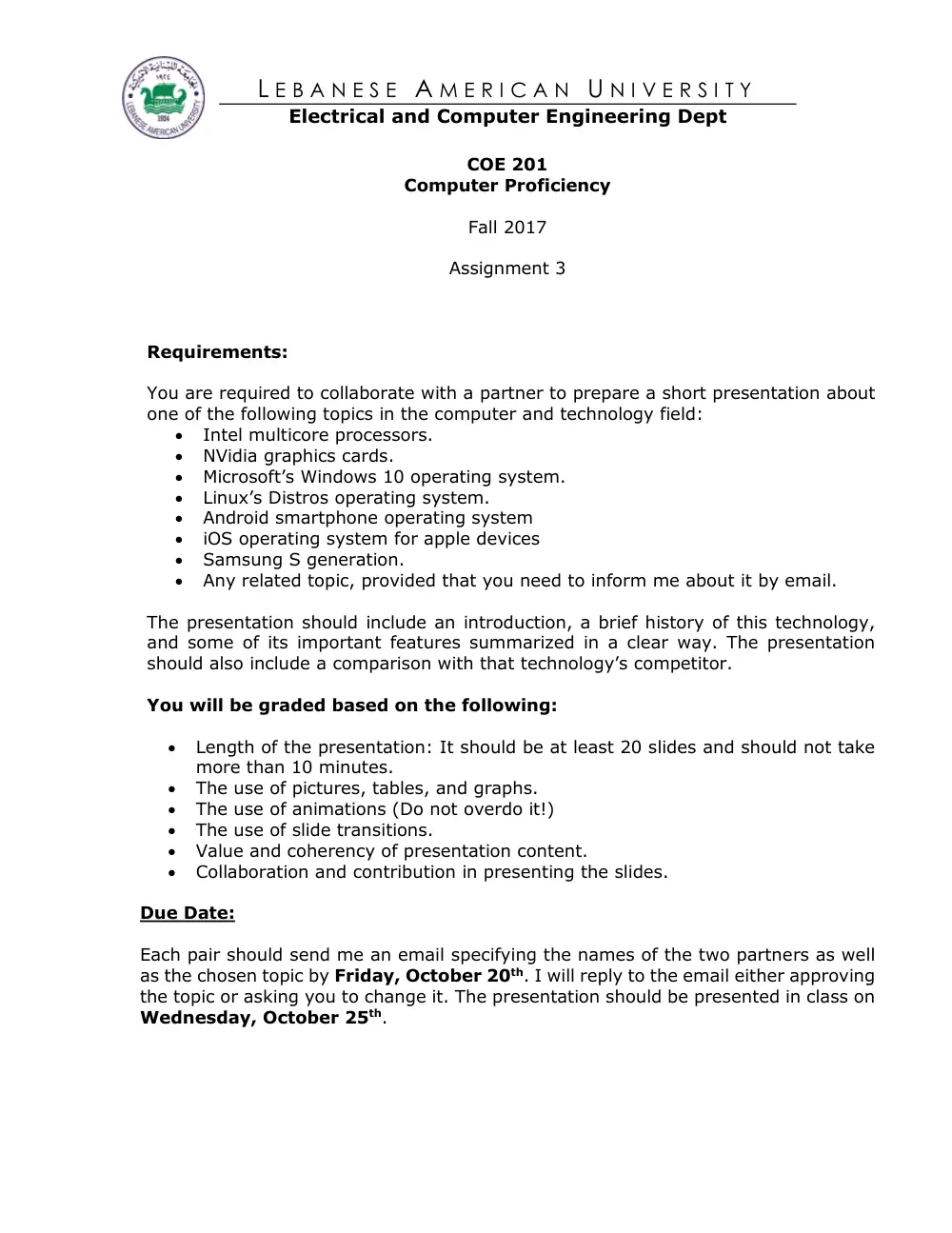 COE 201 Homework Assignment 3, Fall 2017, page 1