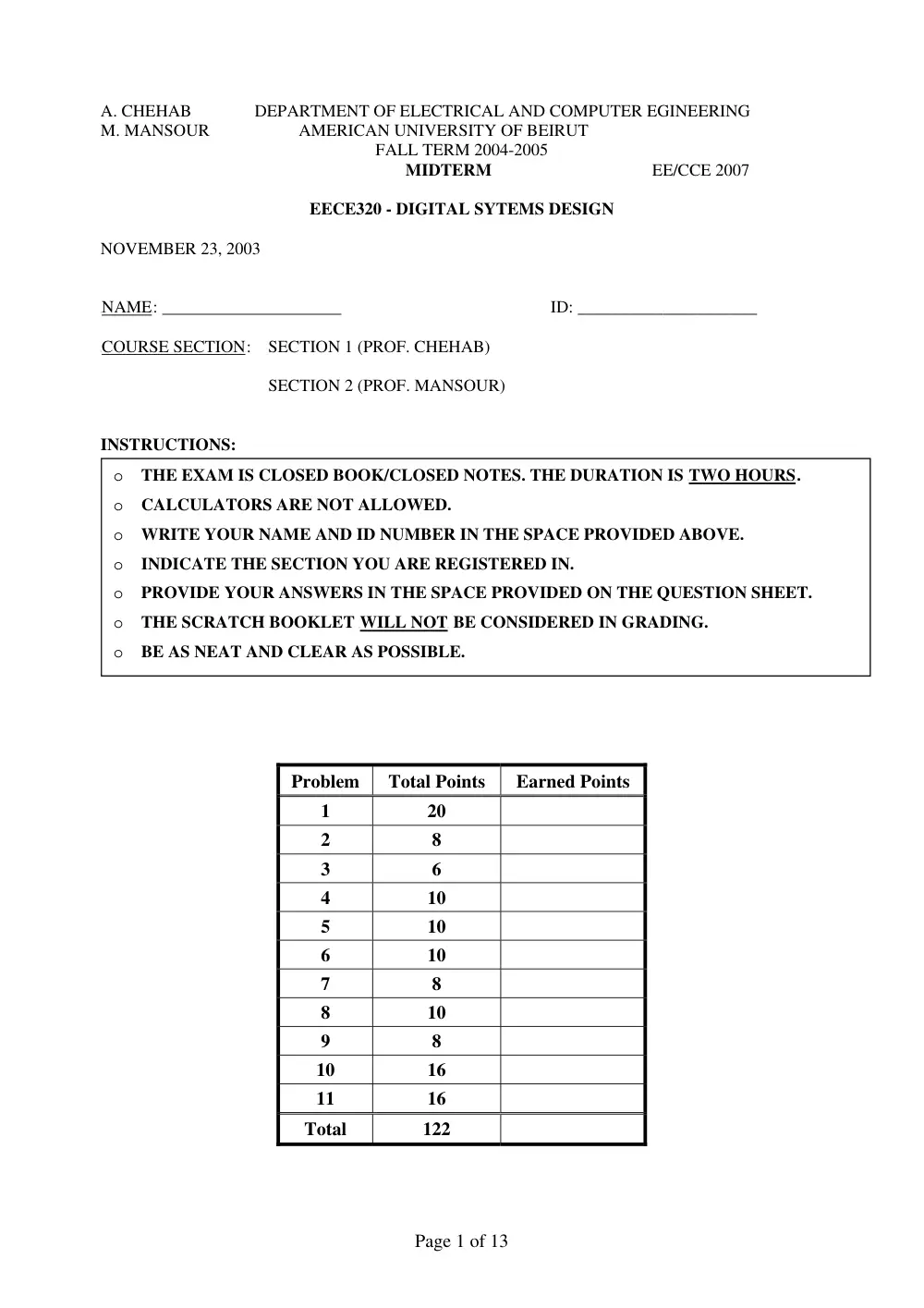 EECE 320 Exam, Fall 2004, page 1