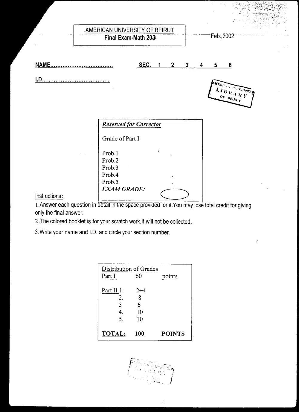 MATH 203 Final, Fall 2001, page 1