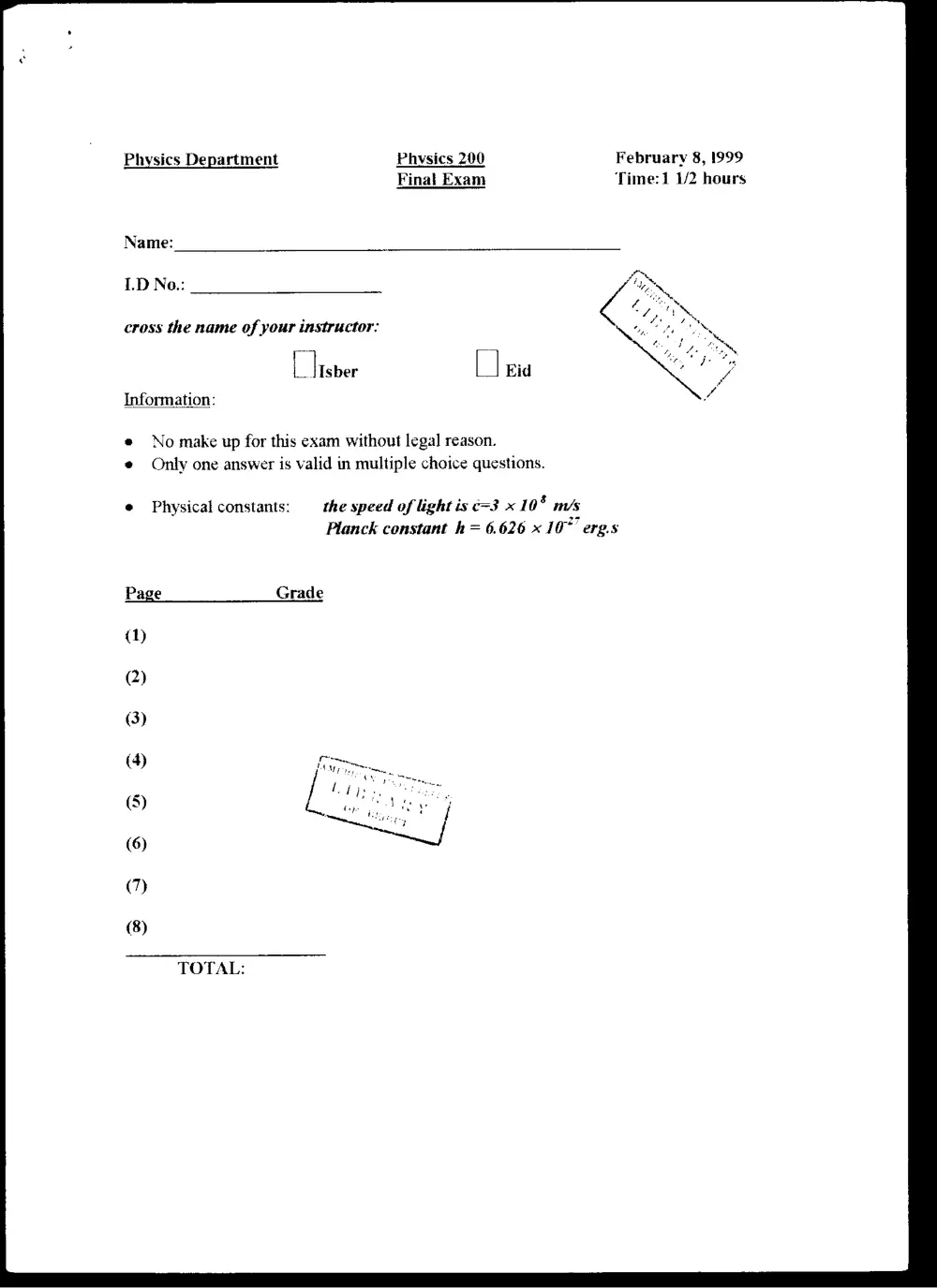PHYS 200 Final, Fall 1998, page 1