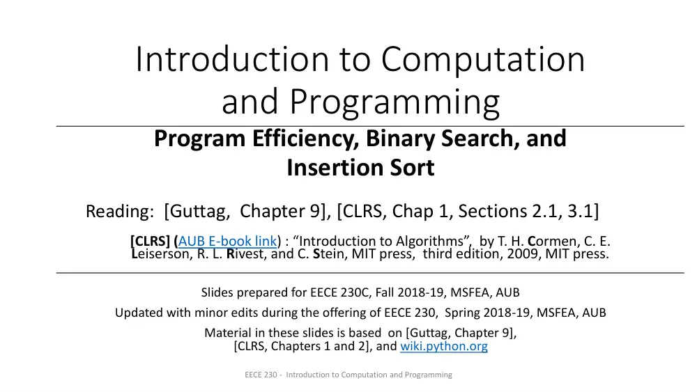 EECE 230 Lecture Slides Program Efficiency, Spring 2019, page 1