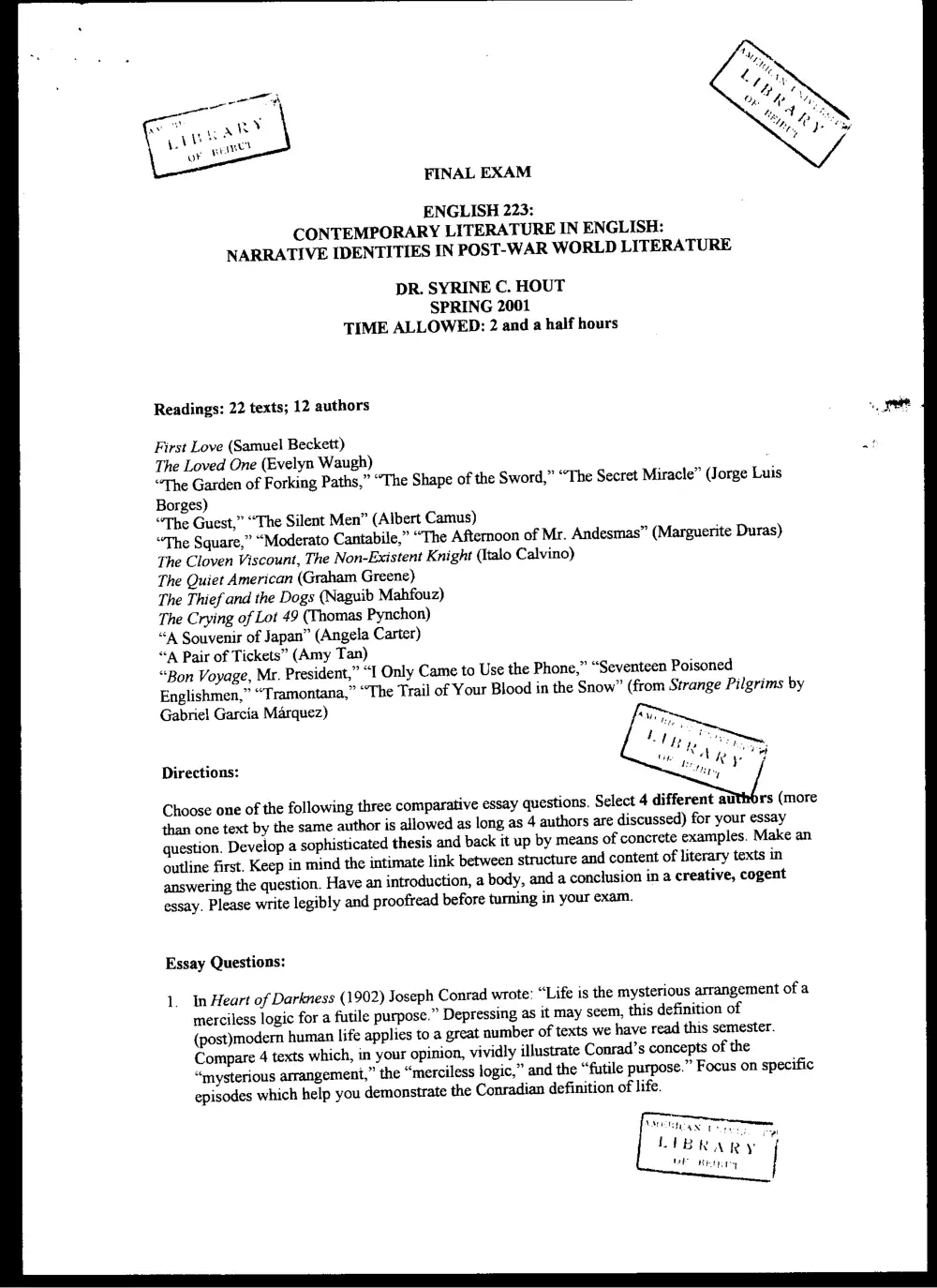 ENG 223 Final, Spring 2001, page 1