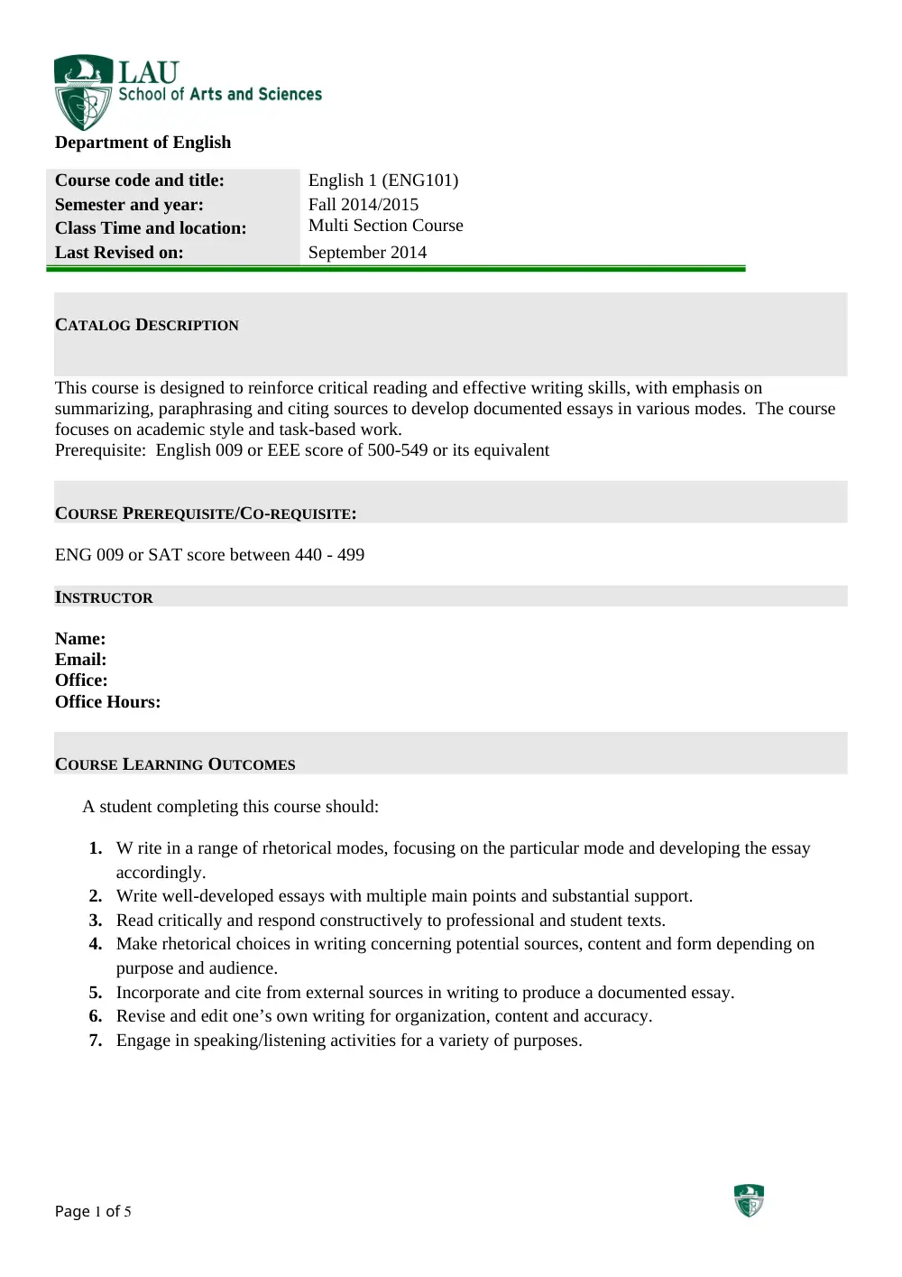 ENG 101 Syllabus, Fall 2014, page 1
