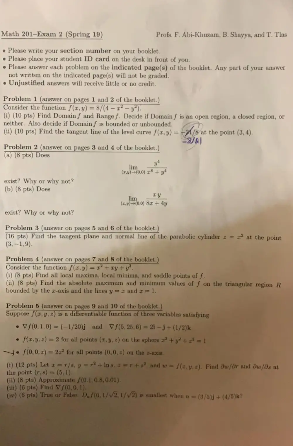 MATH 201 Exam 2, Spring 2019, page 1