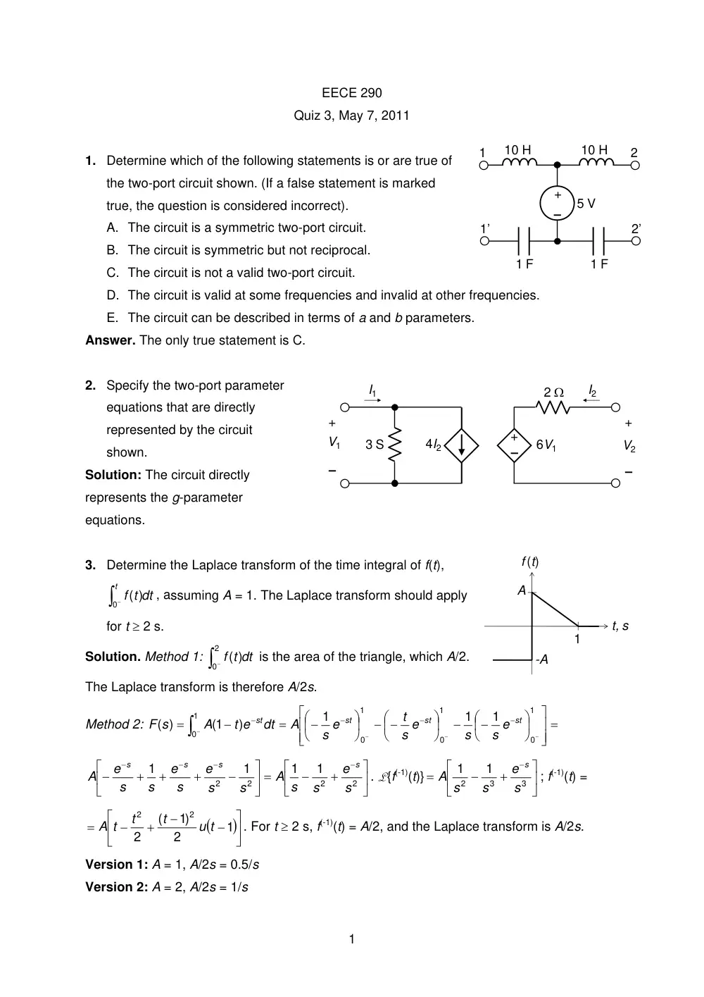 EECE 290 Exam with Solution, Spring 2011, page 1