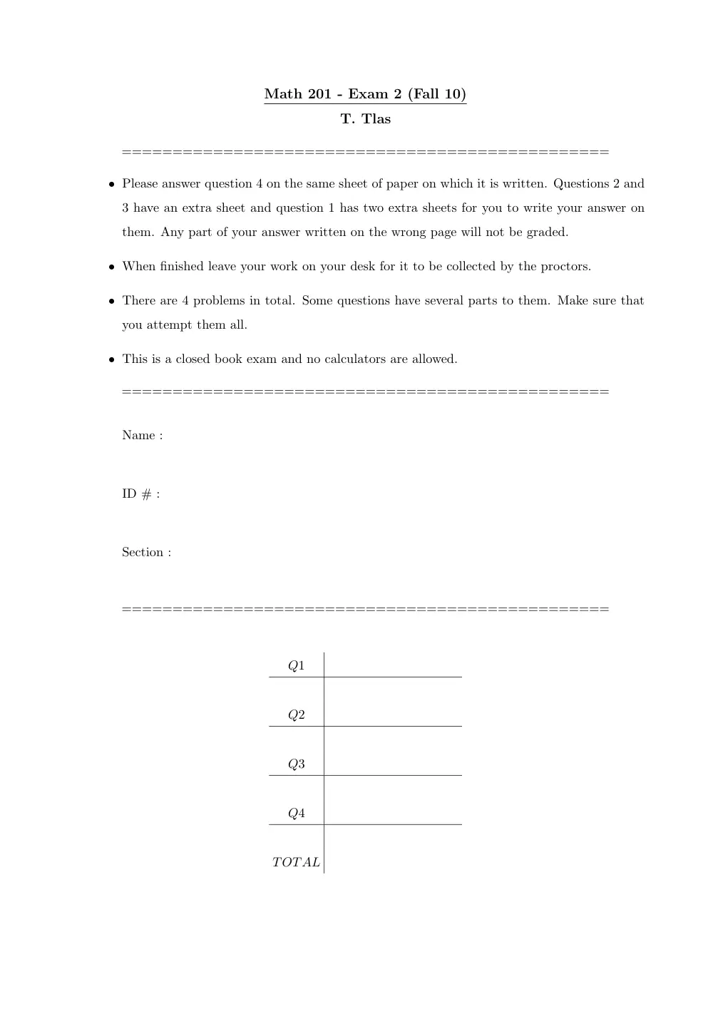 MATH 201 Exam 2, Fall 2010, page 1