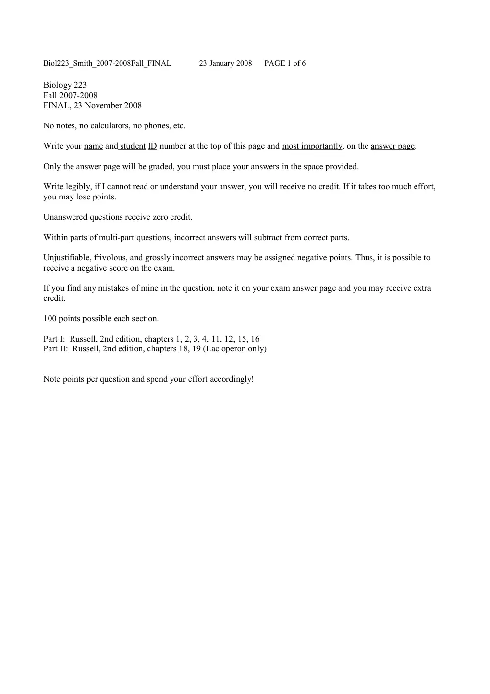 BIO 223 Final, Fall 2007, page 1