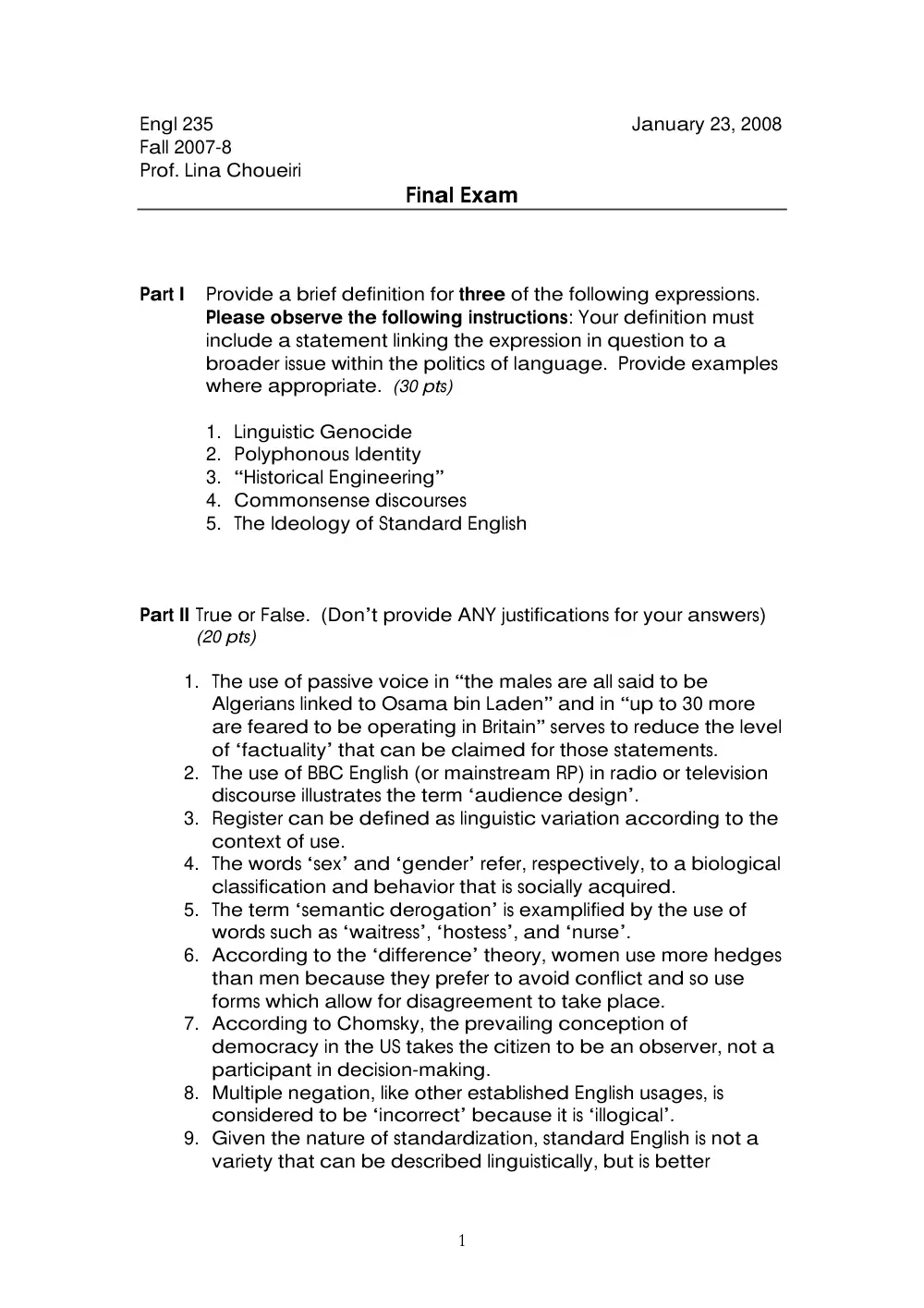 ENG 235 Final, Fall 2007, page 1