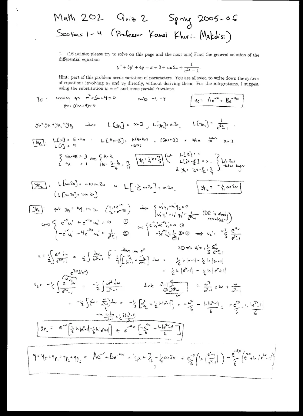MATH 202 Exam 2 with Solution, Spring 2006, page 1
