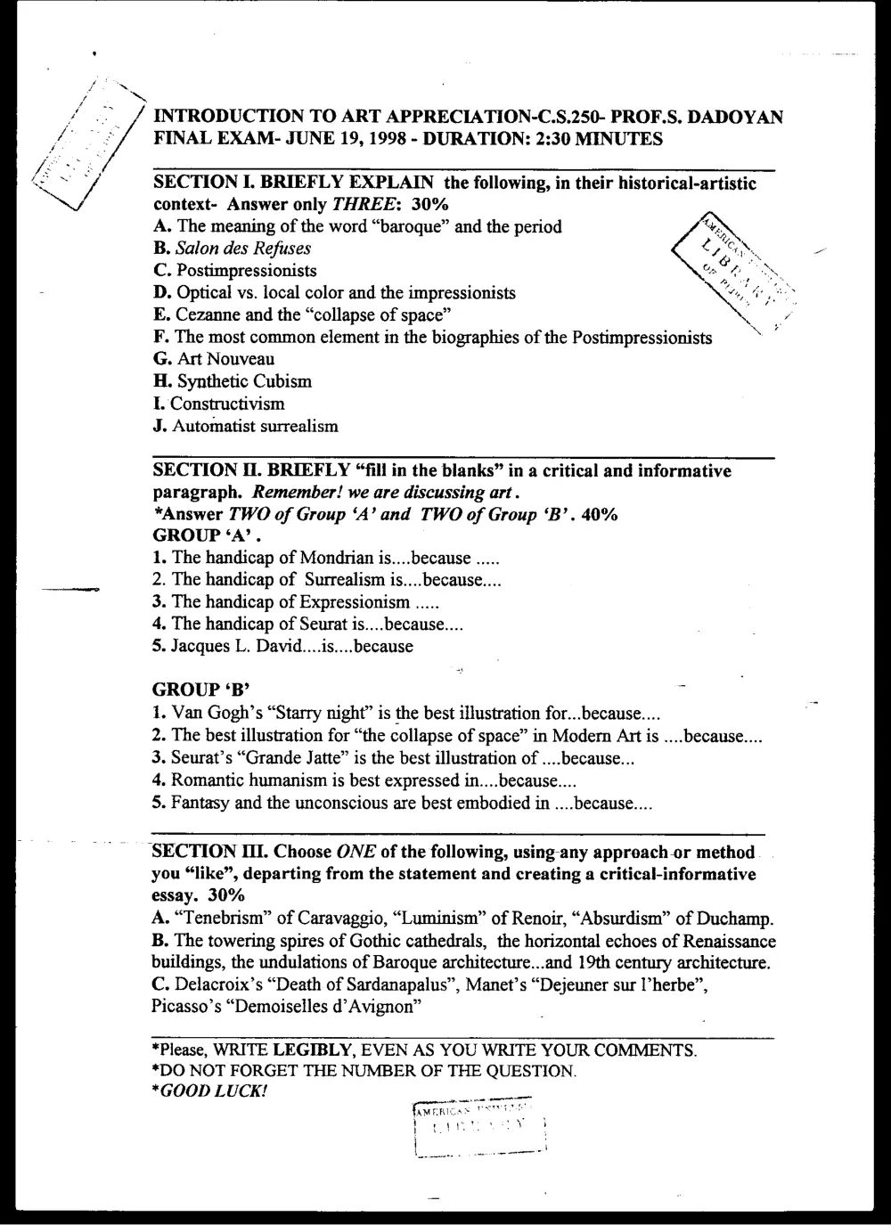 CVSP 250 Final, Spring 1998, page 1