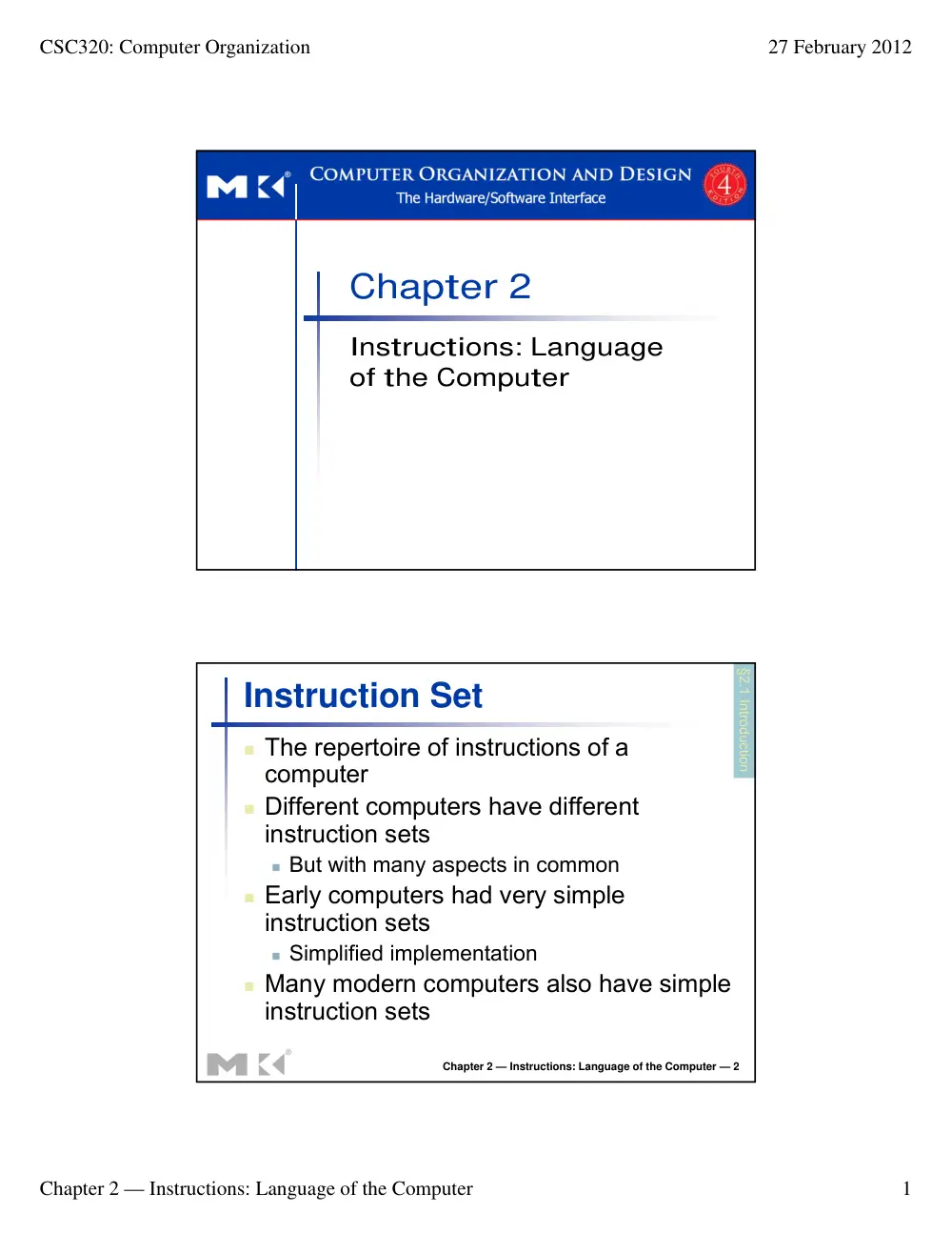 CSC 320 Lecture Chapter 2, Fall 2012, page 1