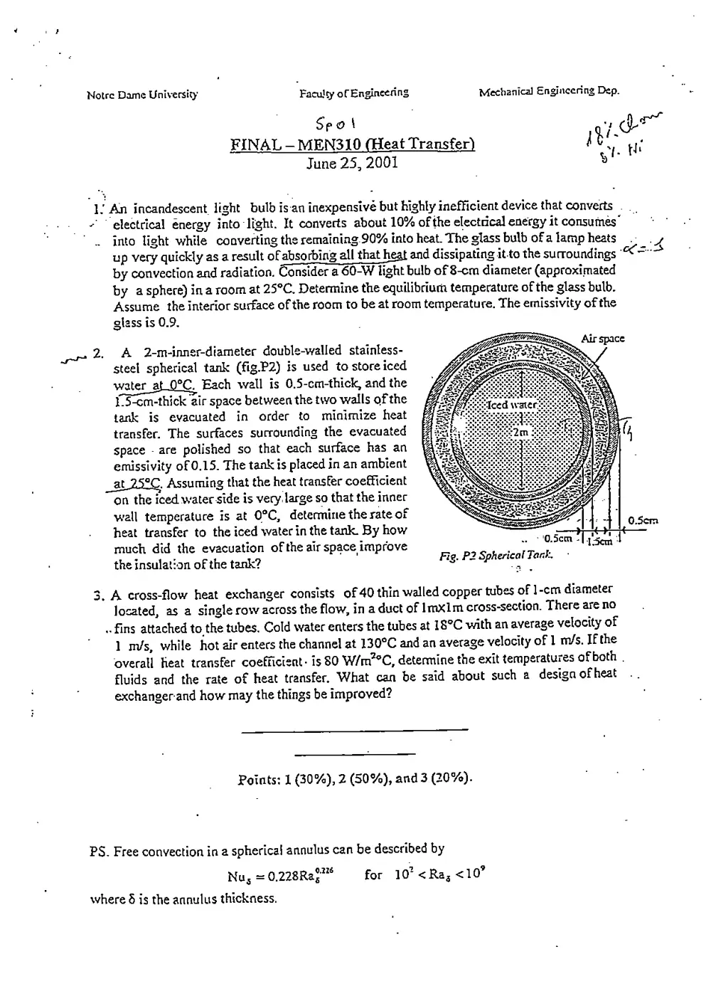 MEN 310 Final with Solution, Spring 2001, page 1