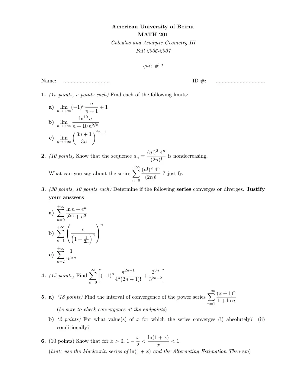 MATH 201 Exam 1, Fall 2006, page 1