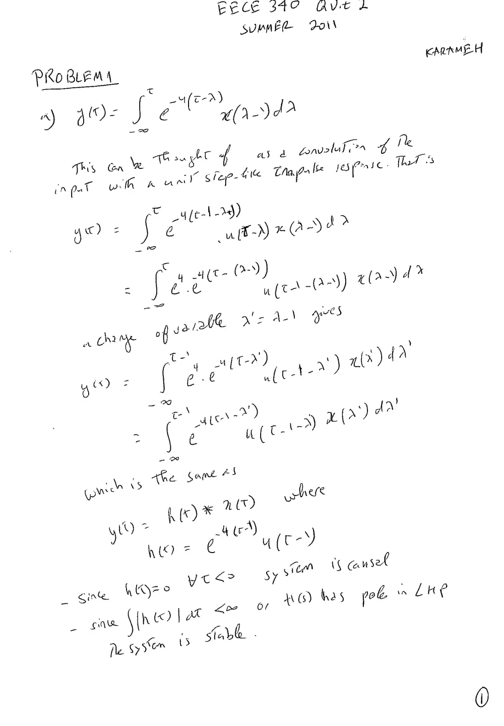 EECE 340 Exam 2 Solution, Summer 2011, page 1
