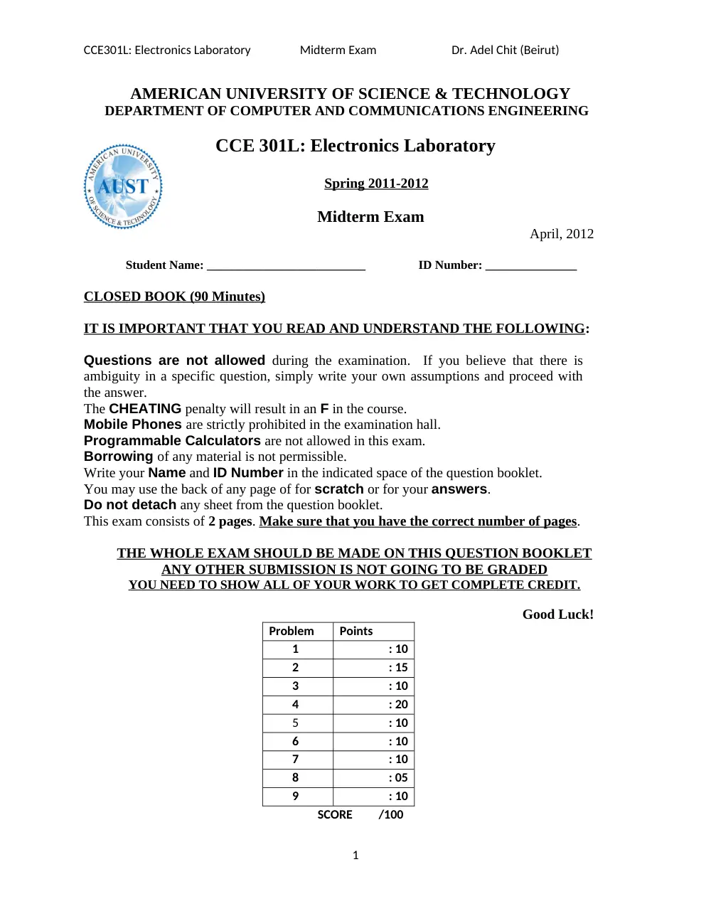 CCE 301L Midterm, Spring 2012, page 1