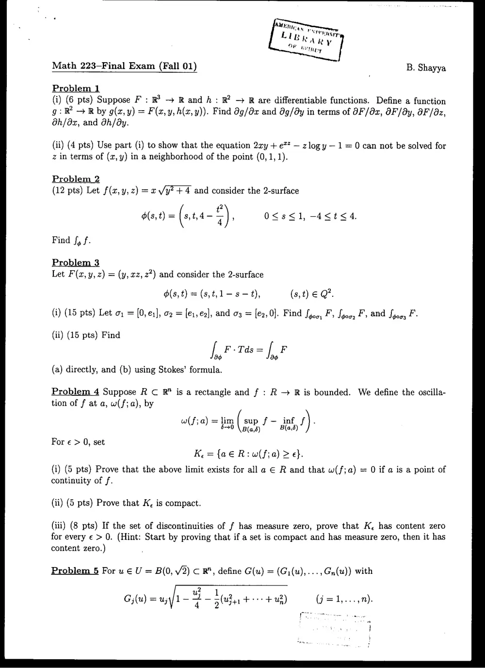 MATH 223 Final, Fall 2000, page 1