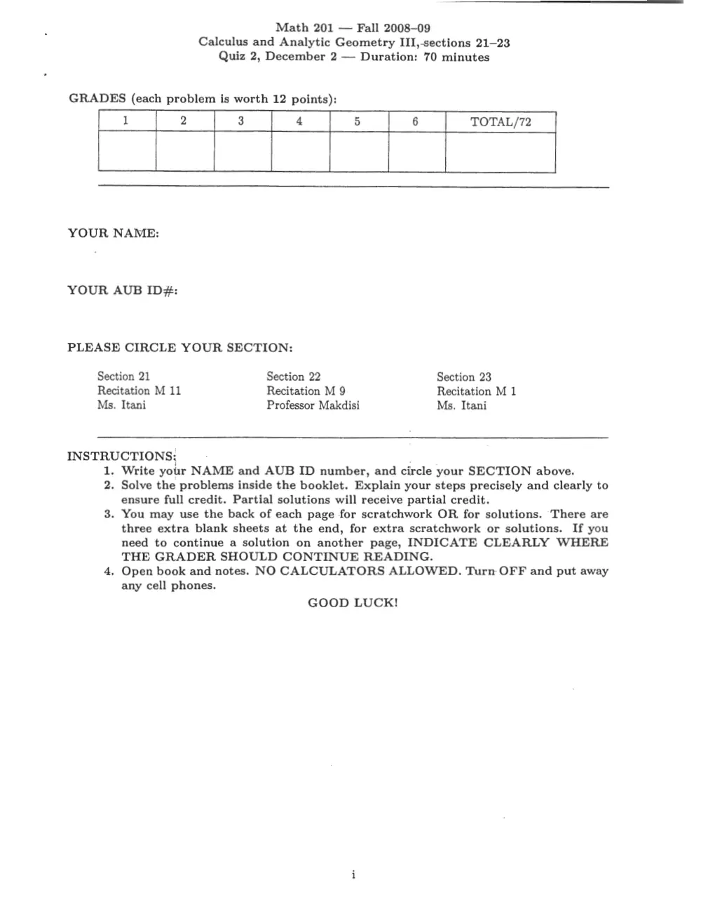 MATH 201 Exam 2 With Solution, Fall 2008, page 1