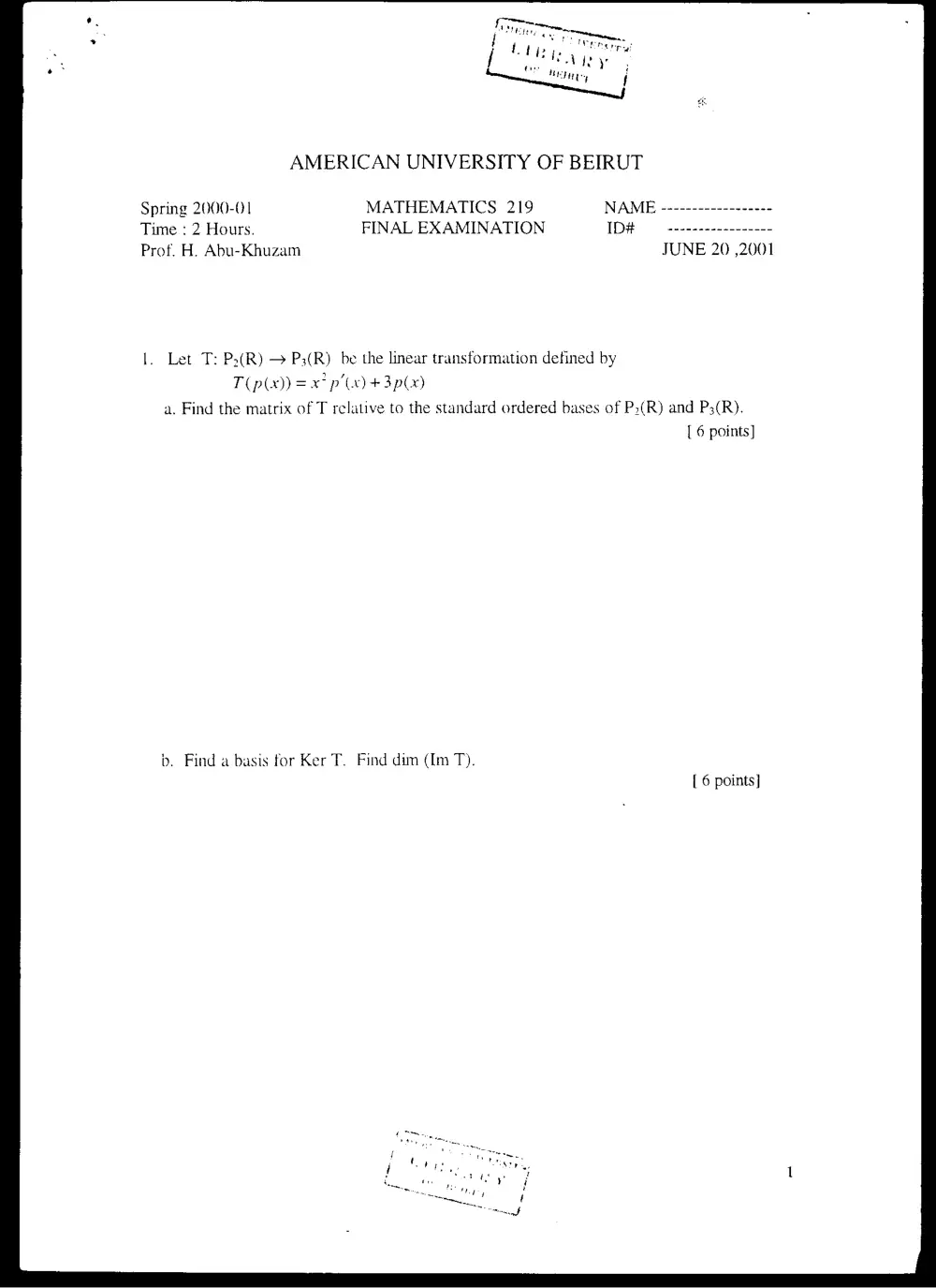 MATH 219 Final, Spring 2001, page 1