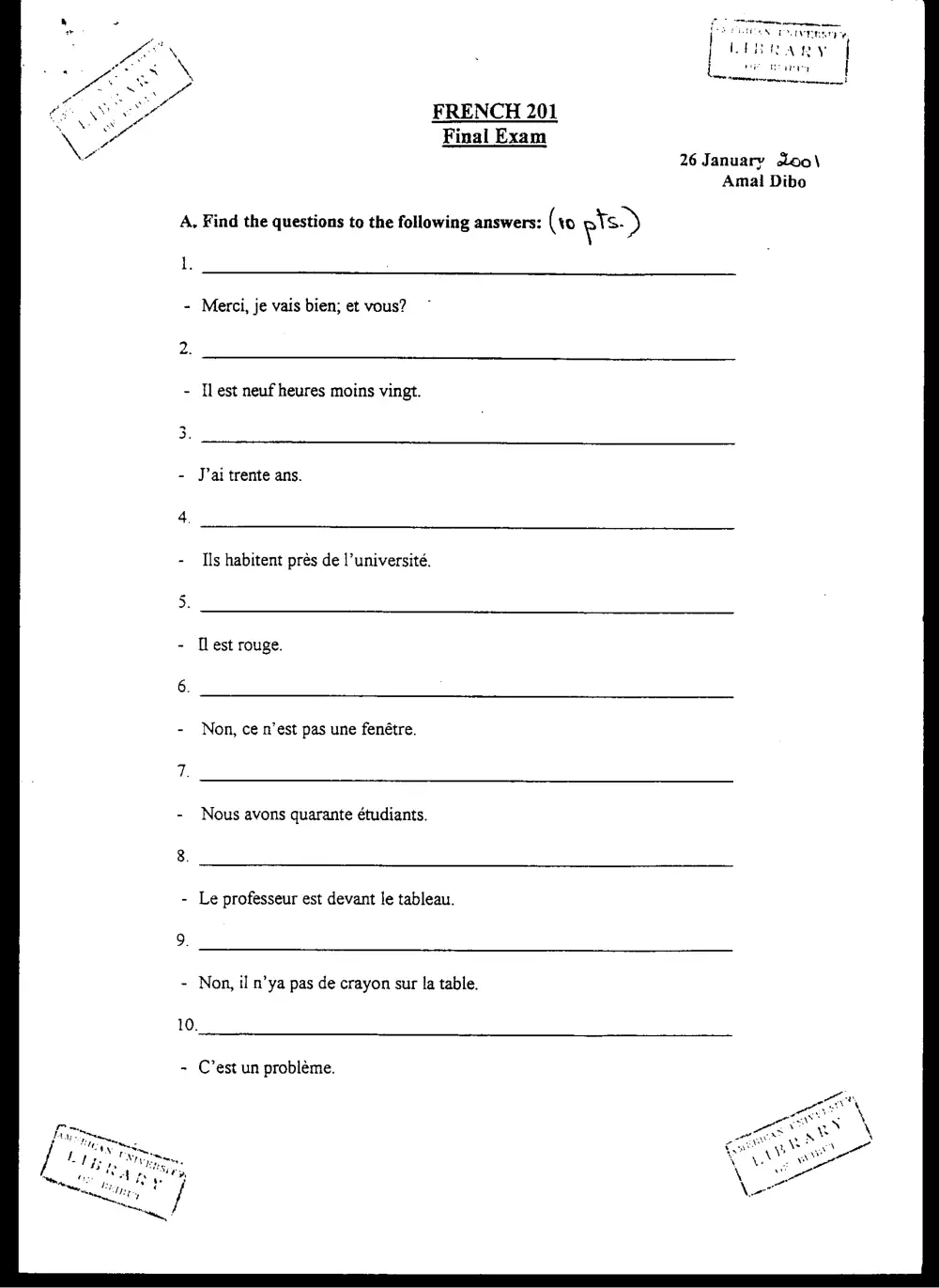 FREN 201 Final, Fall 2000, page 1