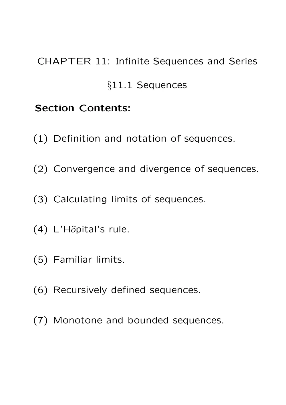 MATH 201 Chapter 11 Summary with Examples, Fall 2011, page 1