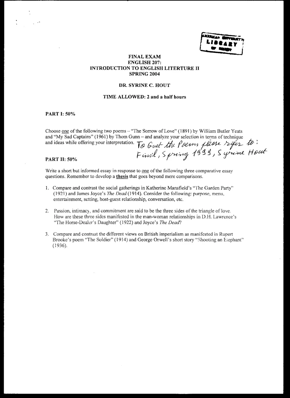 ENG 207 Final, Spring 2004, page 1