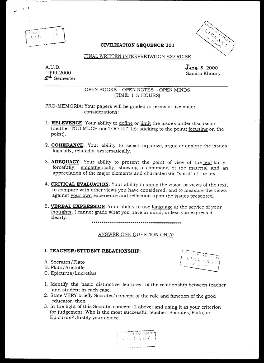CVSP 201 Final, Spring 2000, page 1