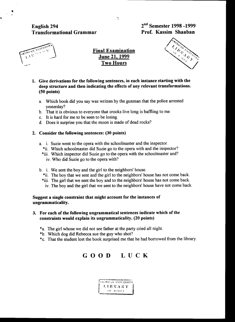 ENG 294 Final, Spring 1999, page 1