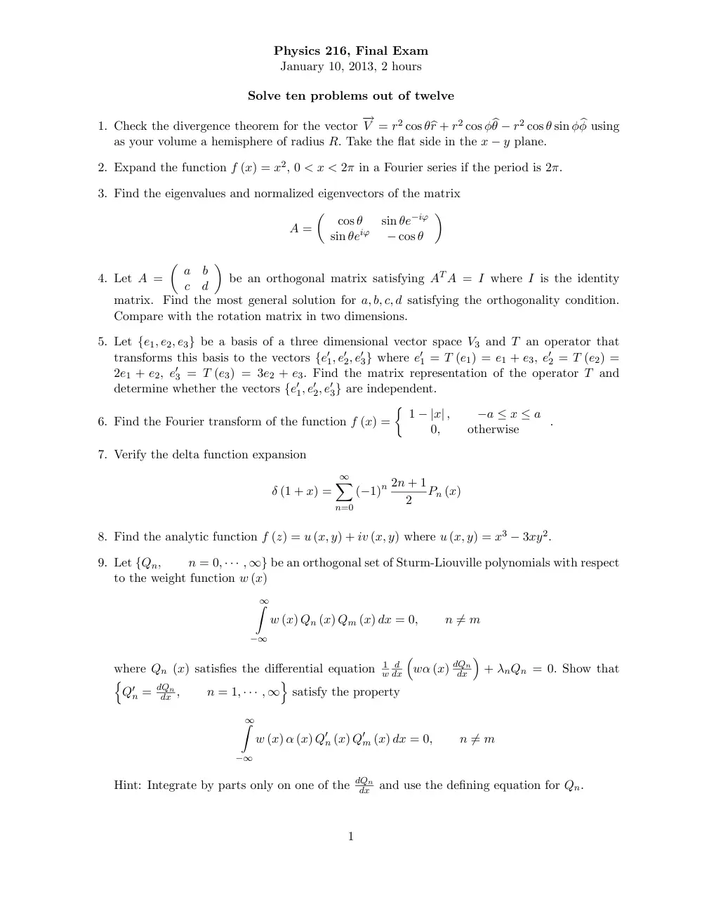 PHYS 216 Final, Fall 2012, page 1