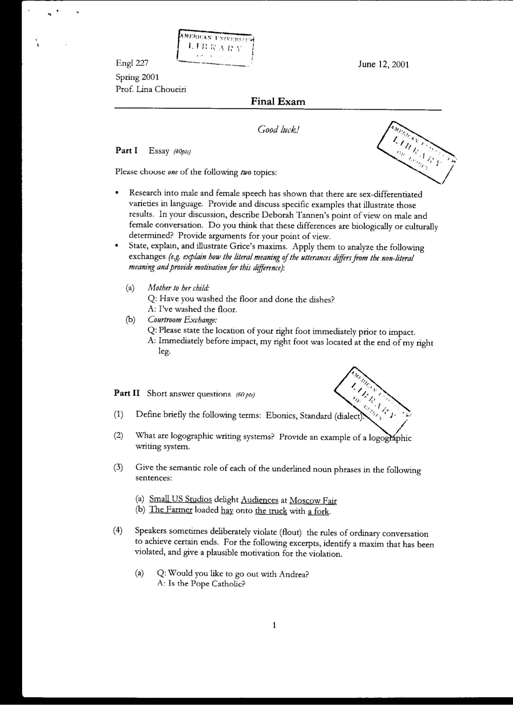 ENG 227 Final, Spring 2001, page 1