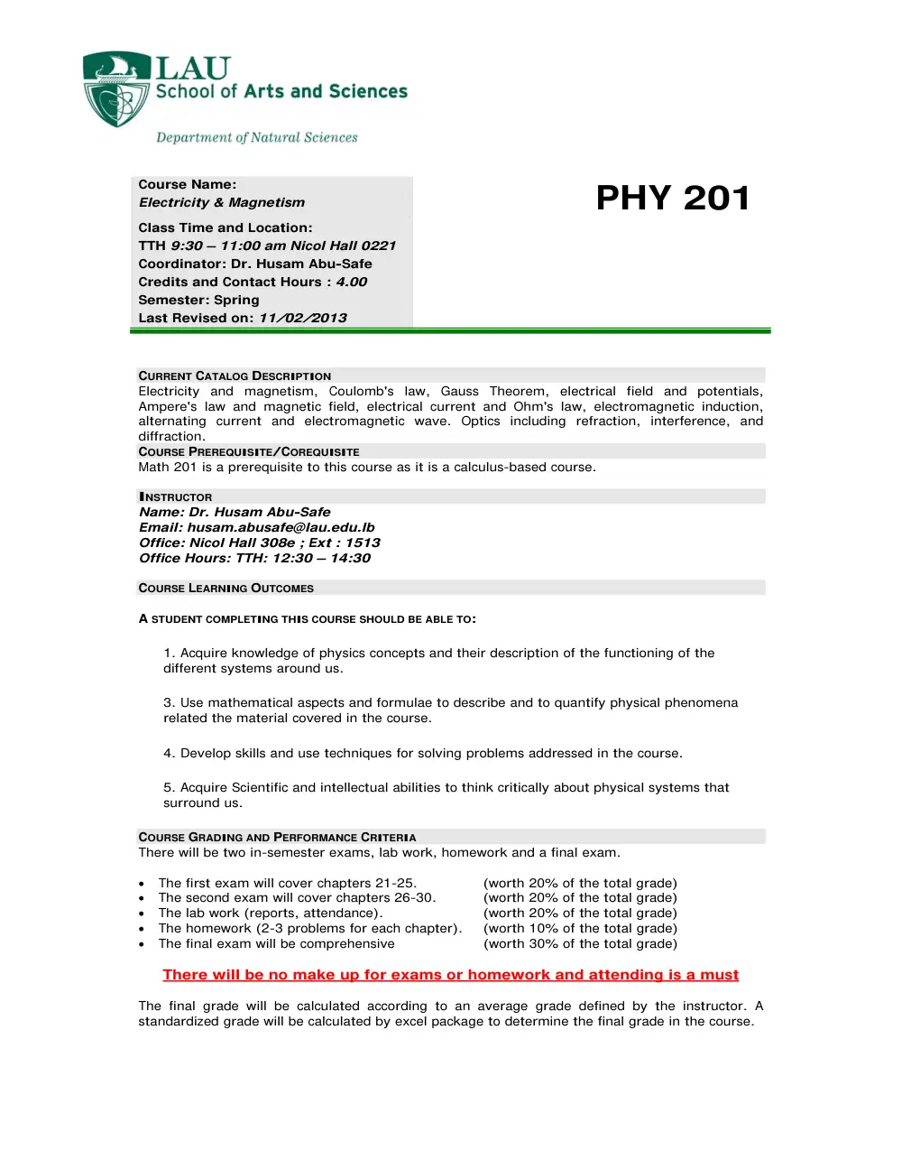PHY 201 Syllabus, Fall 2012, page 1