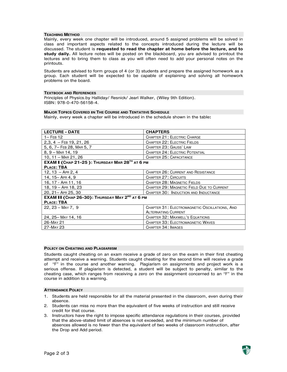 PHY 201 Syllabus, Fall 2012, page 2