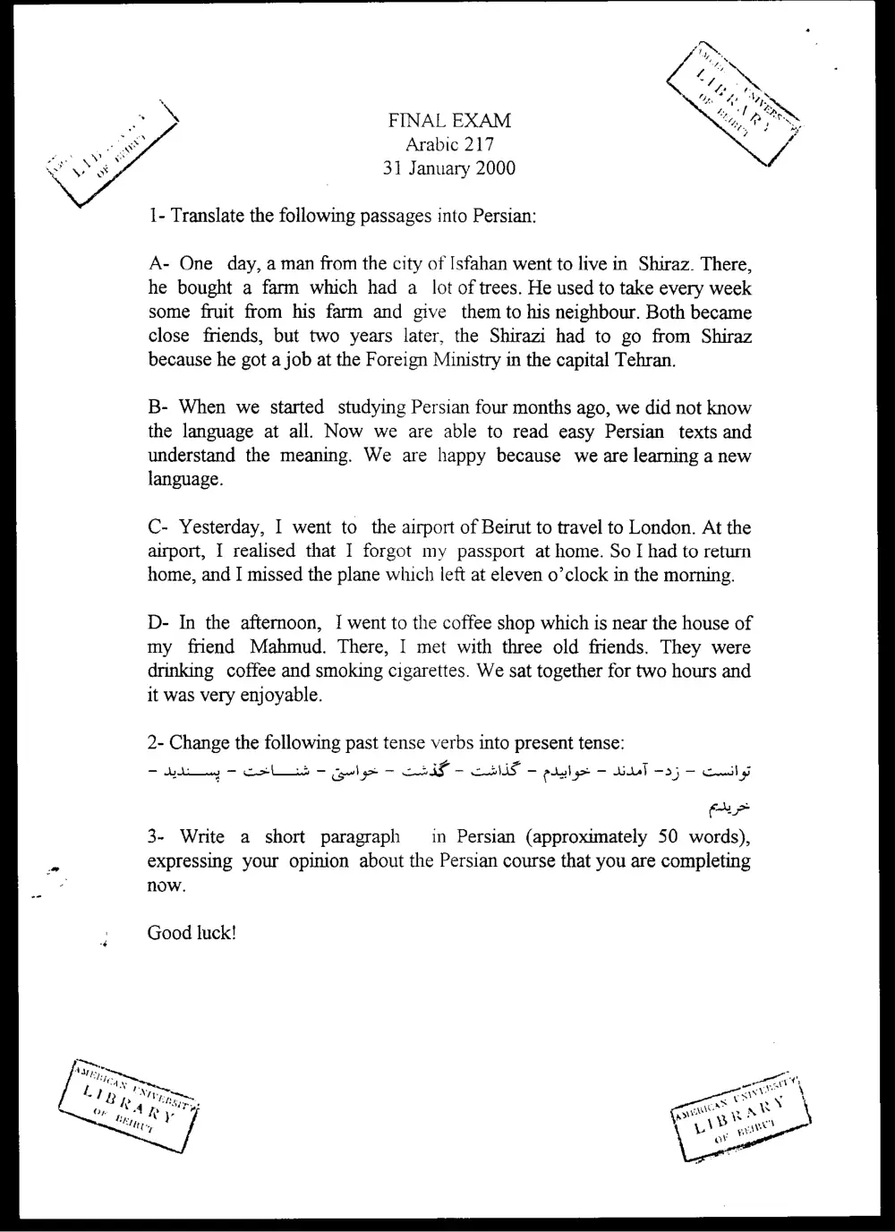 ARAB 217 Final, Fall 1999, page 1