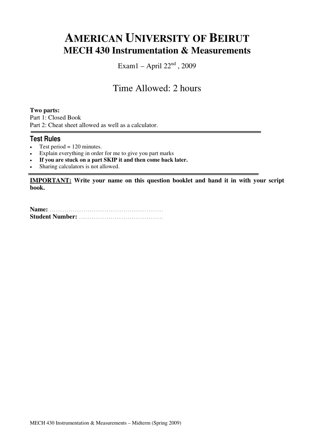 MECH 430 Midterm, Summer 2009, page 1