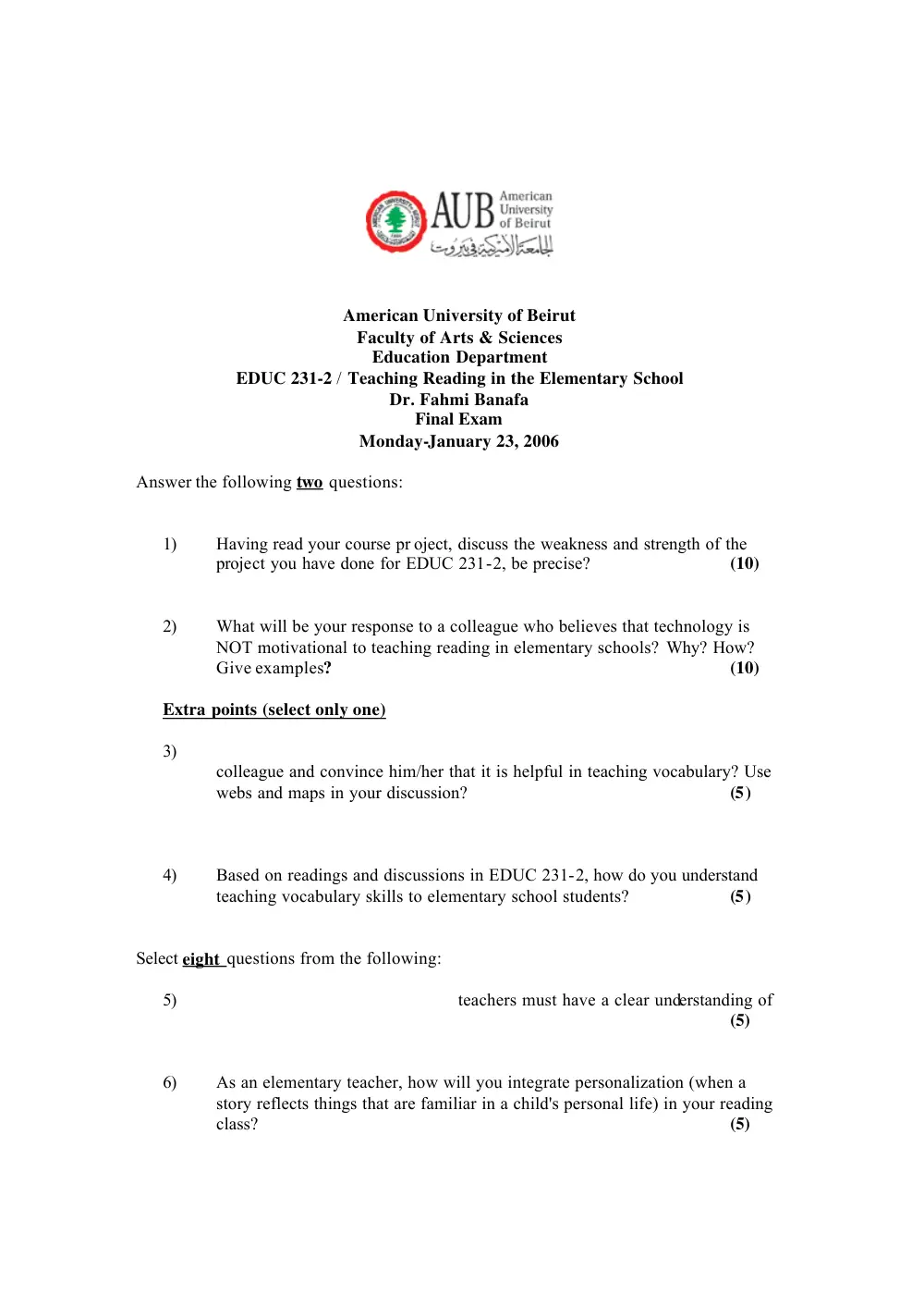 EDUC 231 Final, Fall 2005, page 1