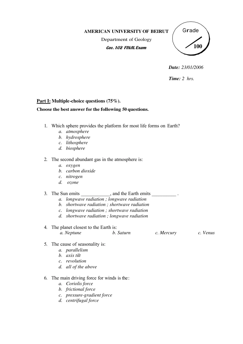 GEOL 102 Final, Fall 2005, page 1