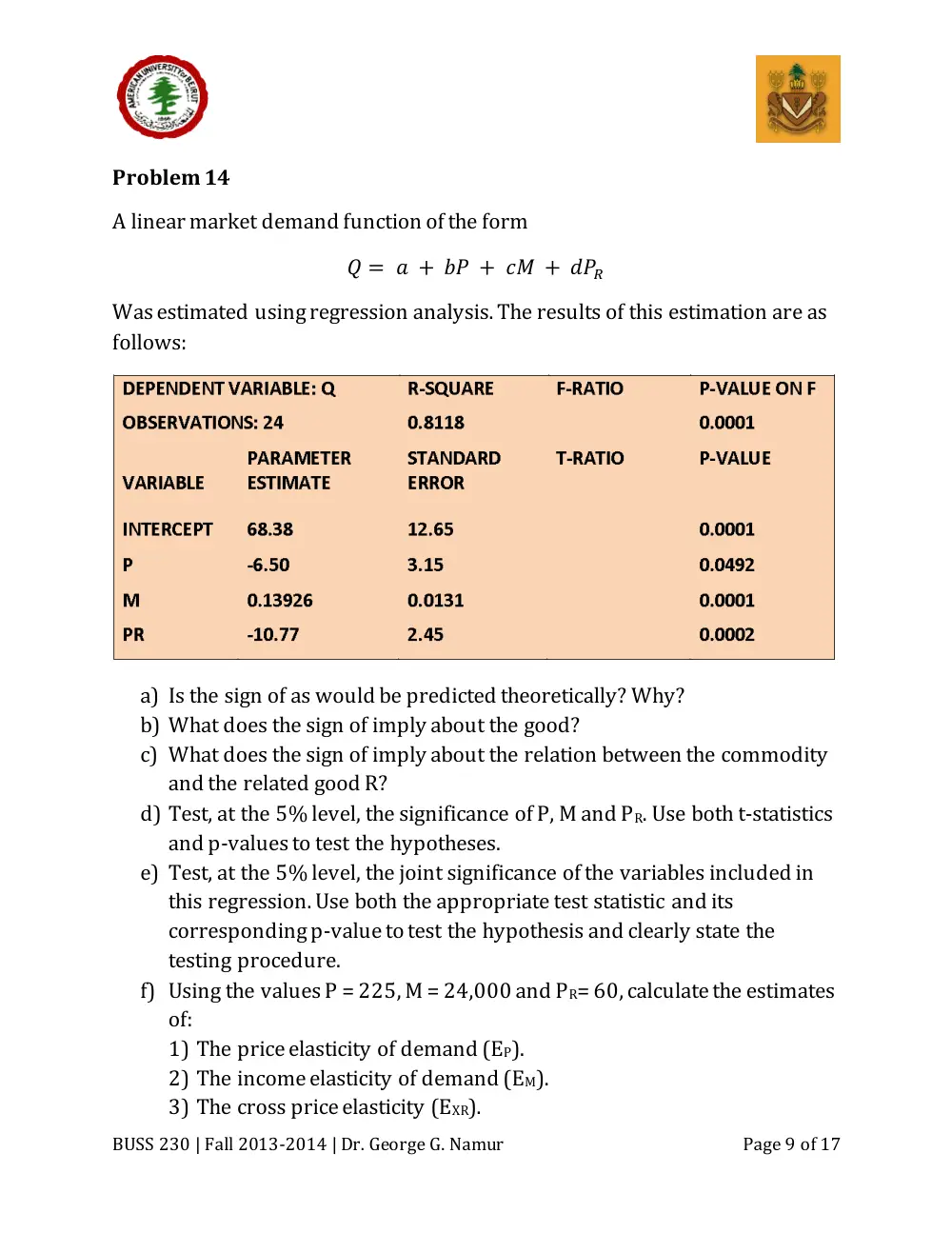 BUSS 230 Midterm, Fall 2013, page 9