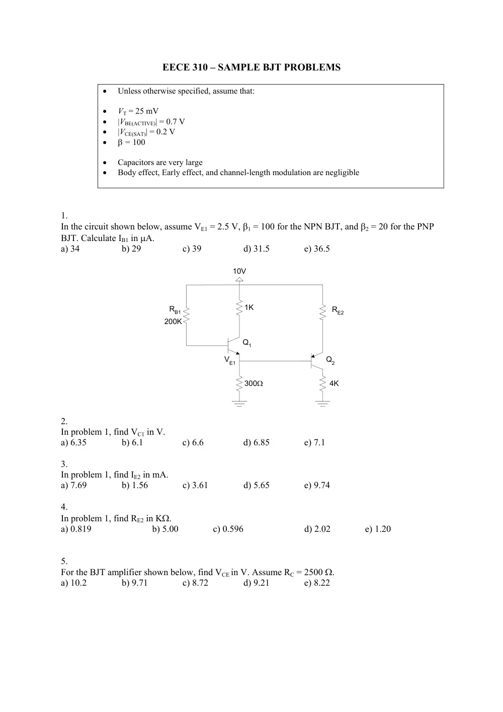 EECE 310 Problems BJT Problems (No Answers), Fall 2013, page 1